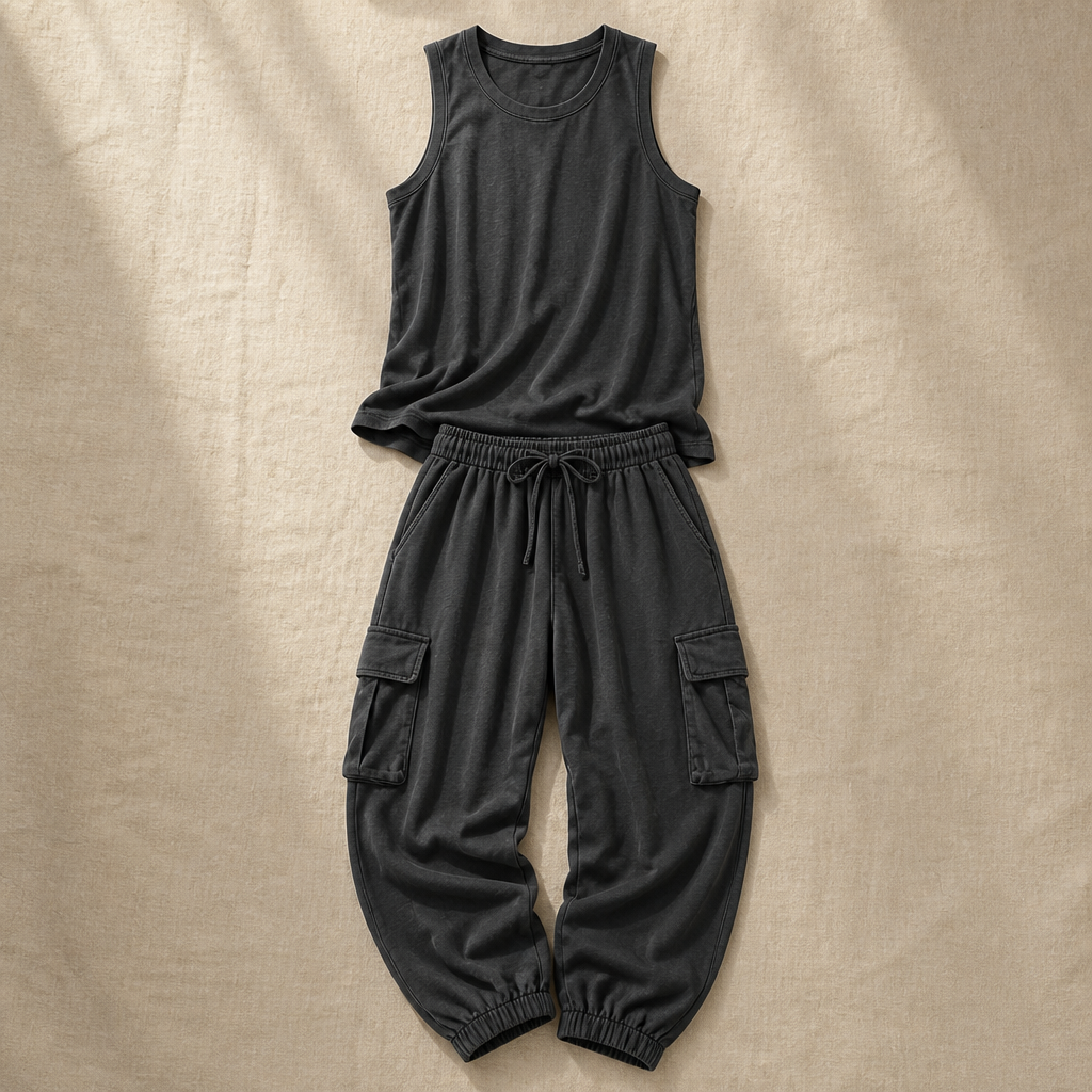 LuxeStride™ – Washed Cotton Tank and Cargo Jogger Set