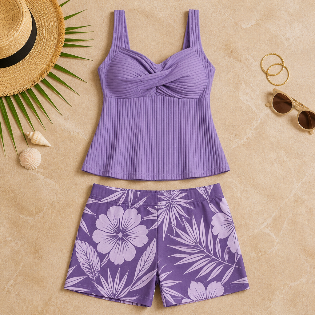 CurvaLuxe™ – Ribbed Twist-Front Tankini Set with Boxer Shorts