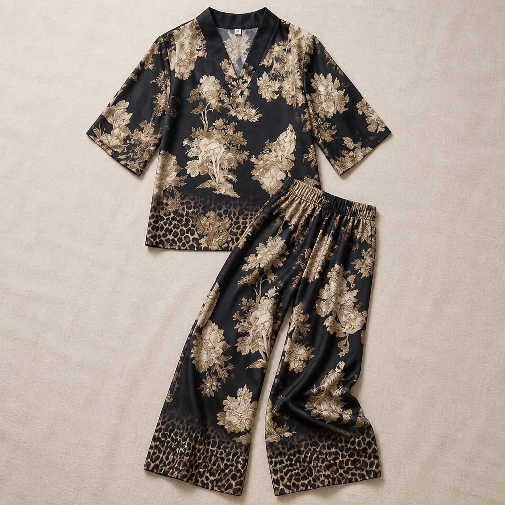 Lumiera™ – Elegant V-Neck Two-Piece Set with Signature Print