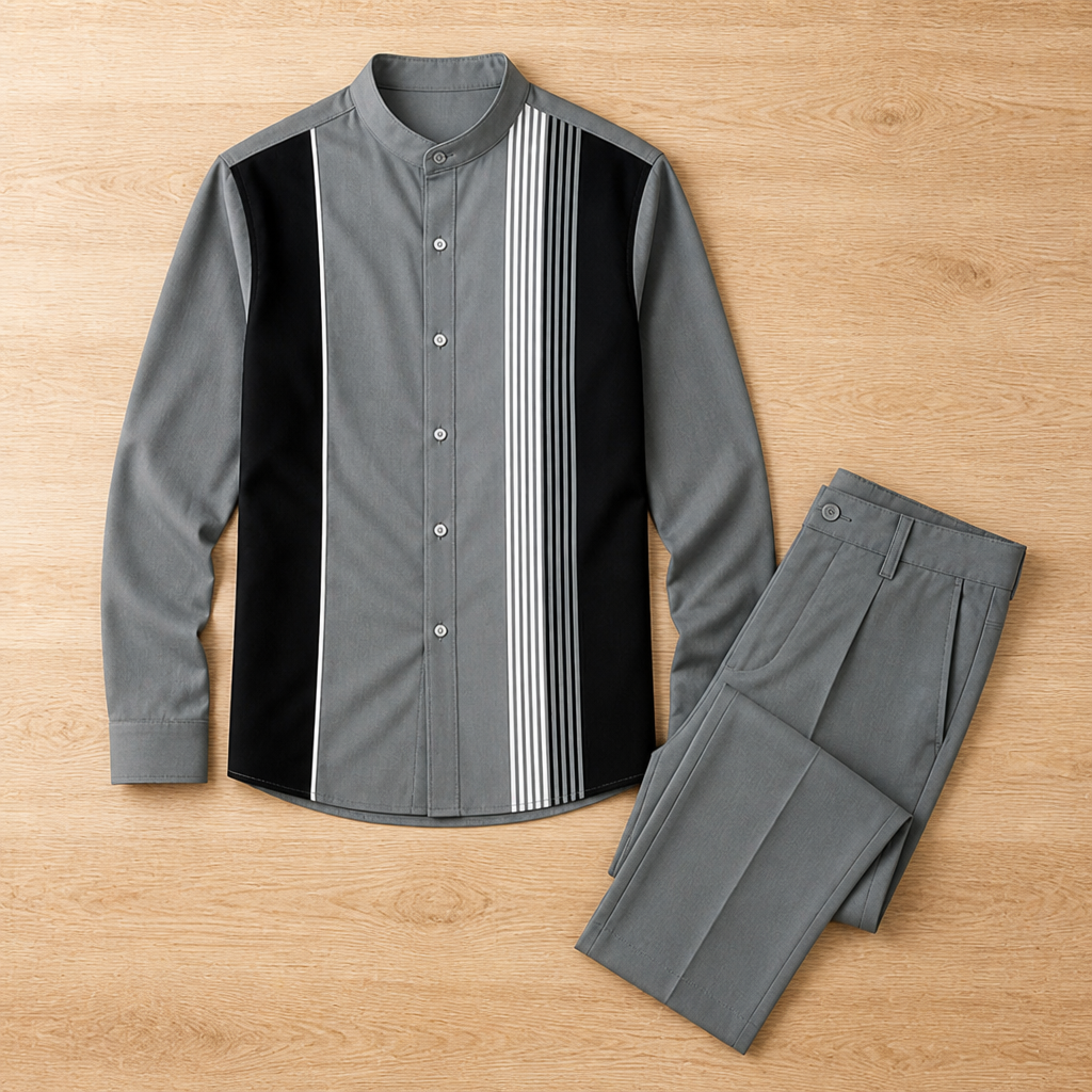 ValoroEdge™ – Color-Block Striped Mandarin-Collar Shirt & Pants Set