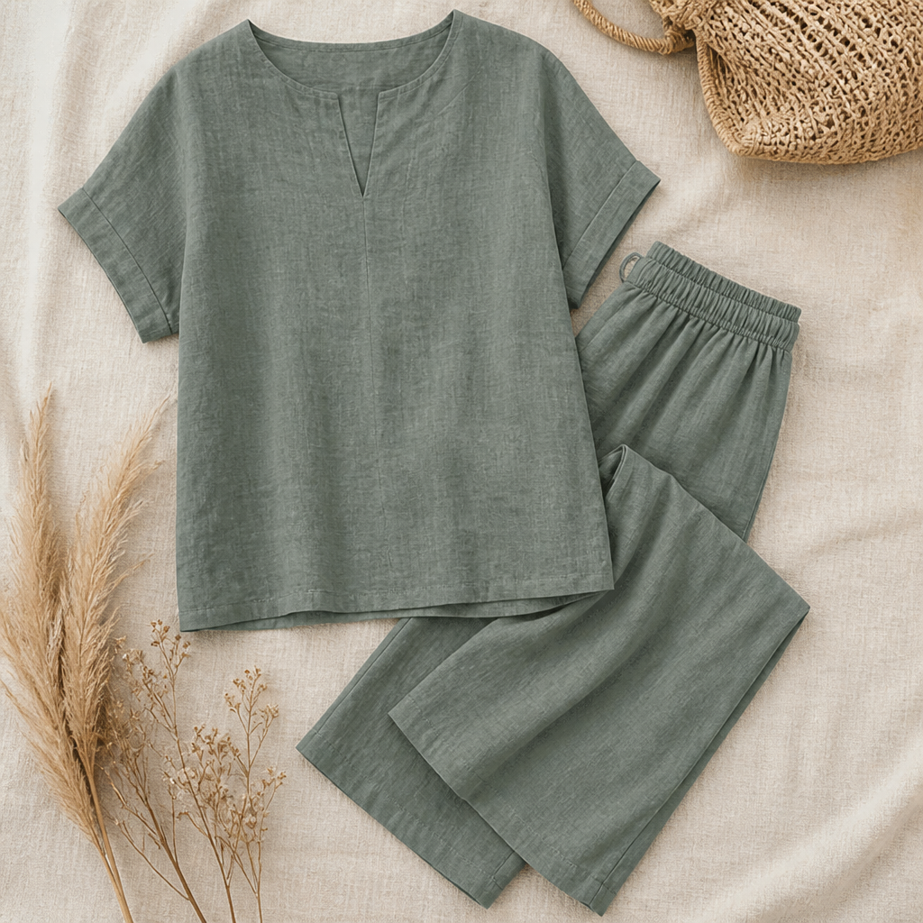 LumoraEase™ – Comfy Cotton-Linen V-Neck Two-Piece Ensemble