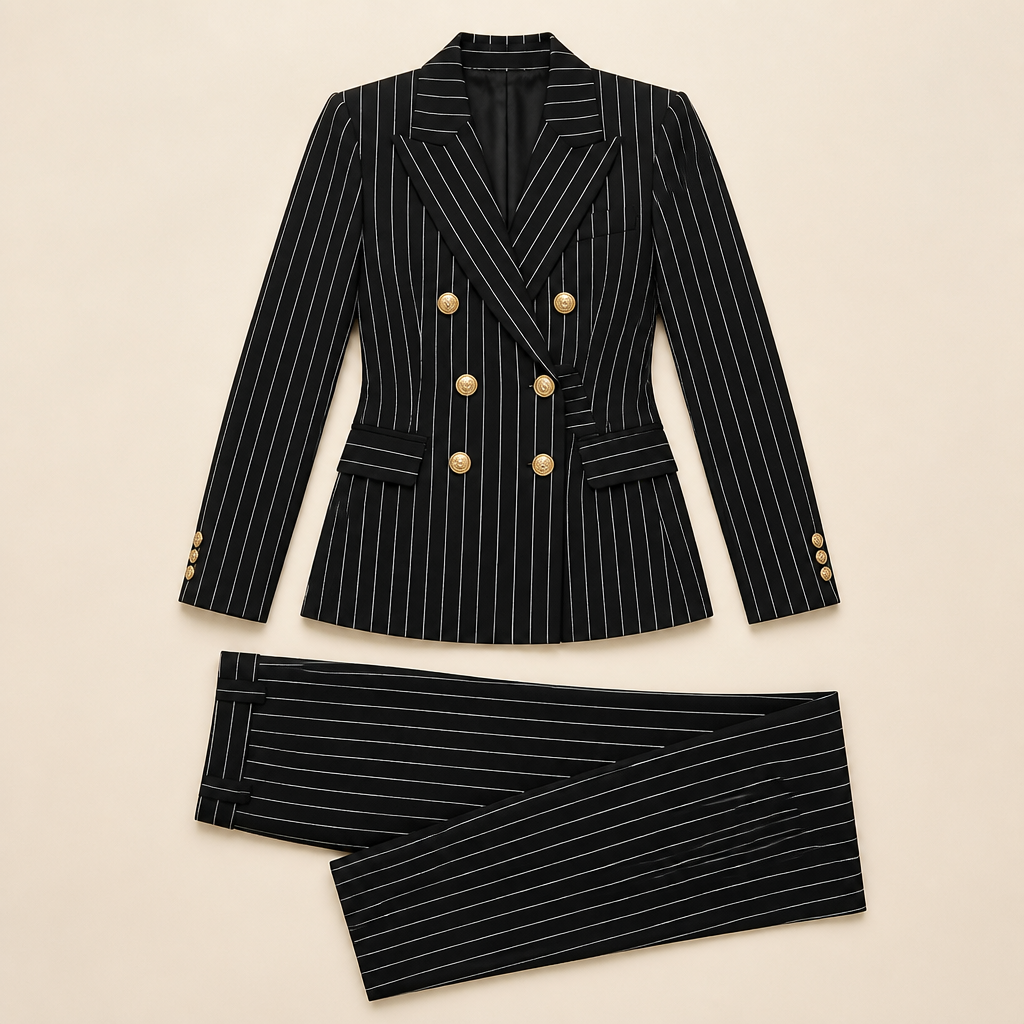 Lumiera™ – Custom Pinstripe Double-Breasted Blazer Suit Set