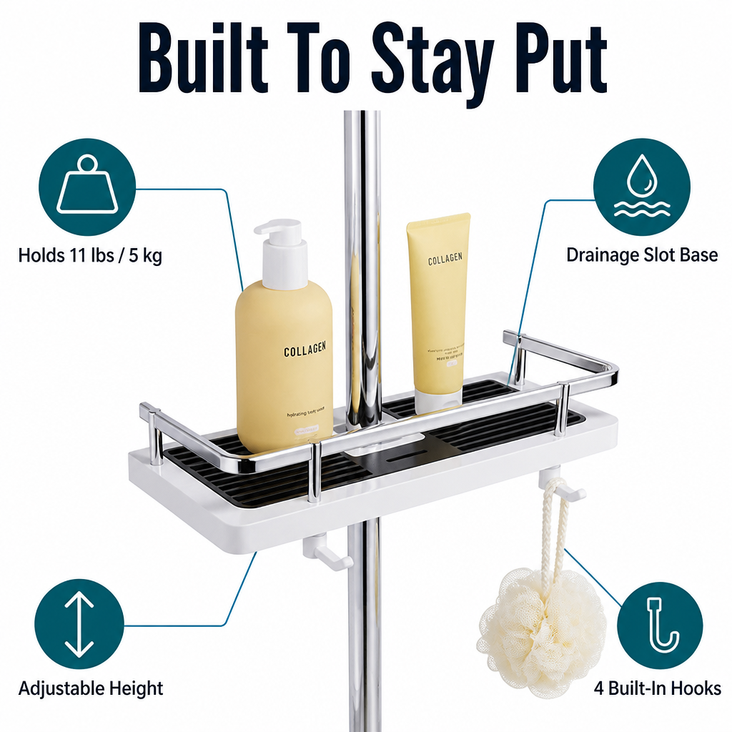 AquaNest™ — Snap One Adjustable Tray onto Your Shower Pipe, No Drilling