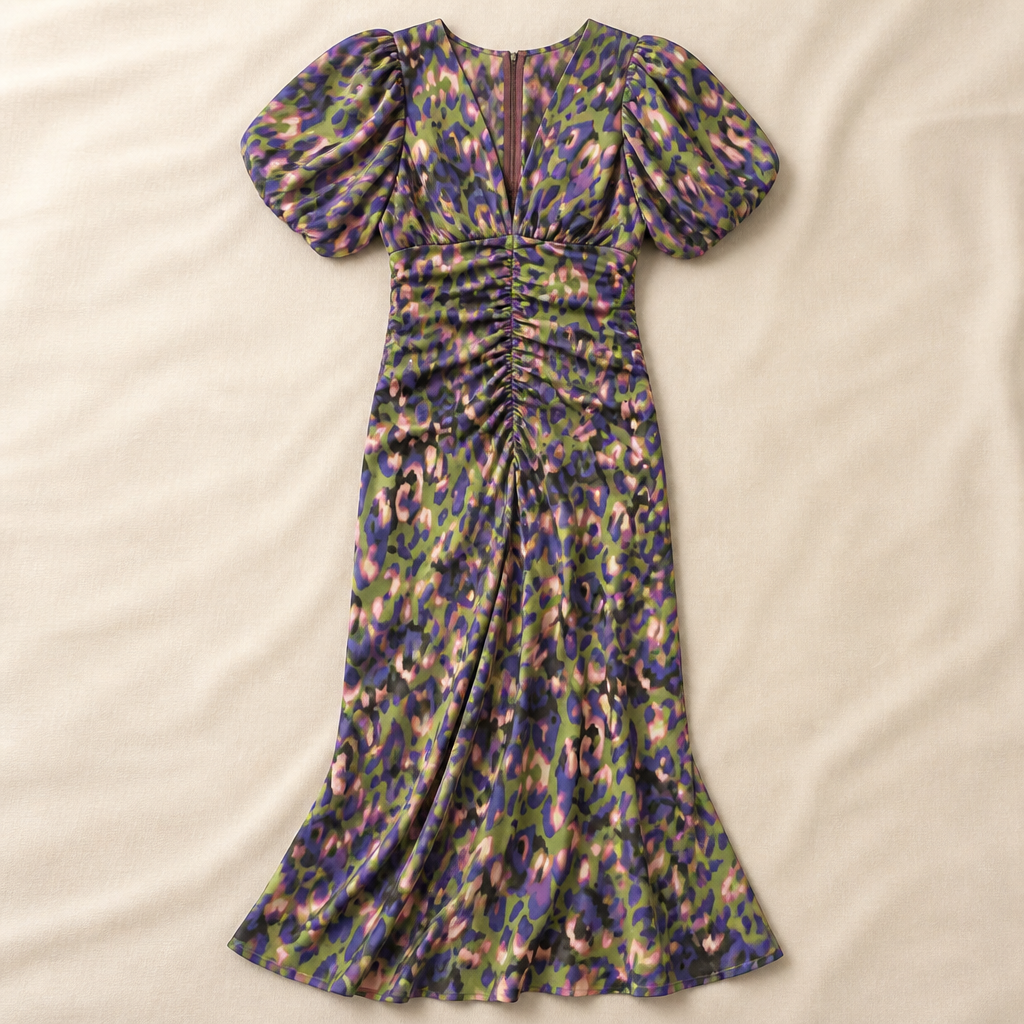 LuminaLuxe™ – Vibrant Printed Midi Dress with Puff Sleeves
