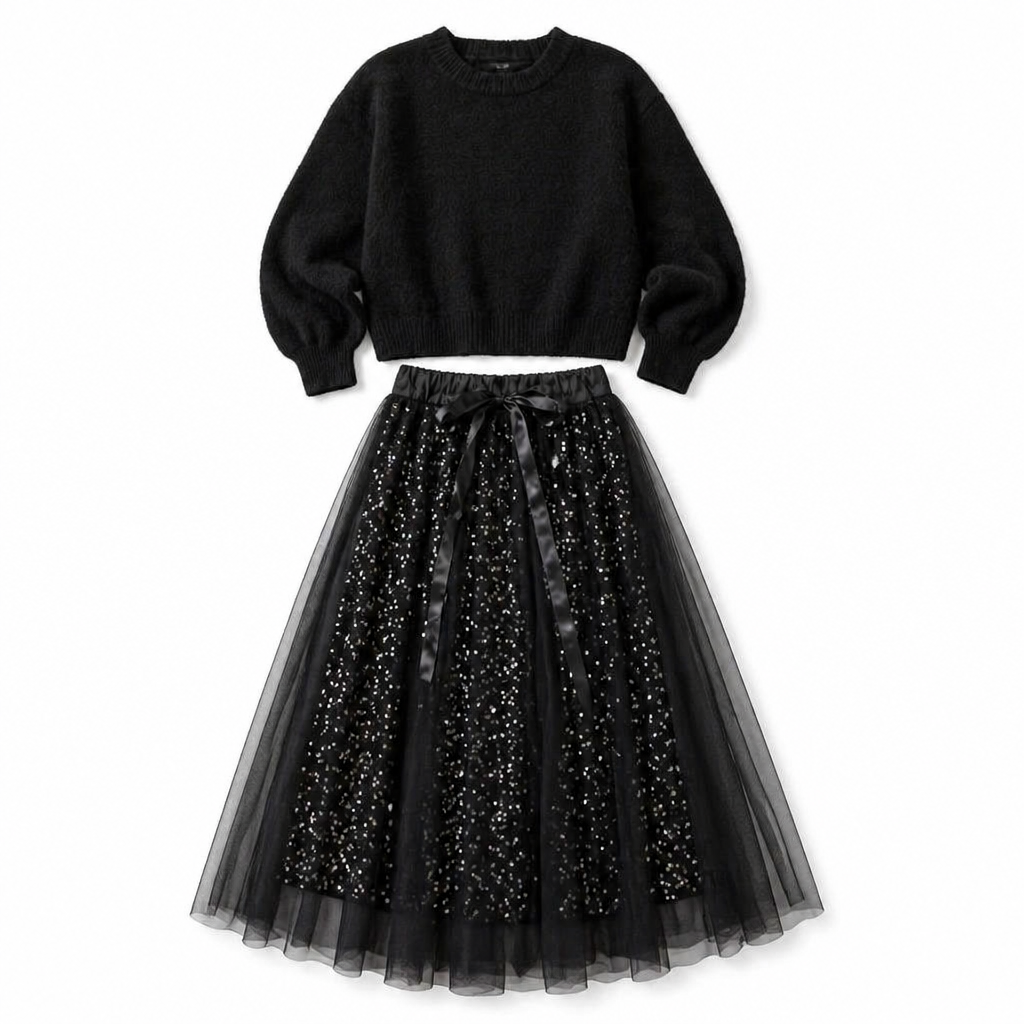 Soraya™ – Sparkling Sequin Tulle Midi Skirt & Snug Knit Sweater Set
