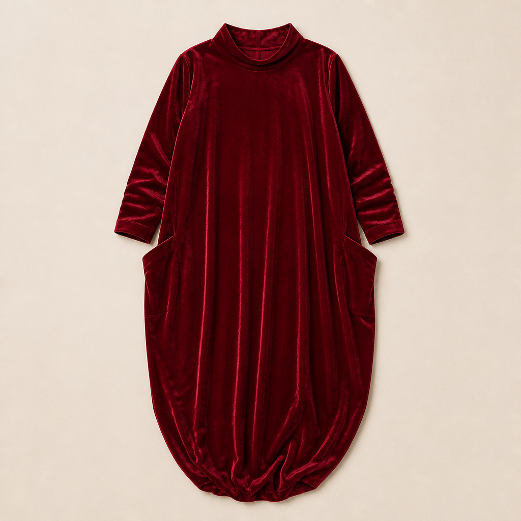 VioraForm™ – Velvet Cocoon Maxi Dress with Mock-Neck and Side Pockets