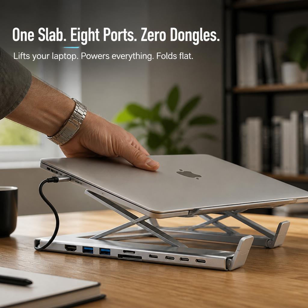 PowerPort Pro™ — Elevate Your Laptop, Charge 8 Devices, Fold Flat for Easy Carry