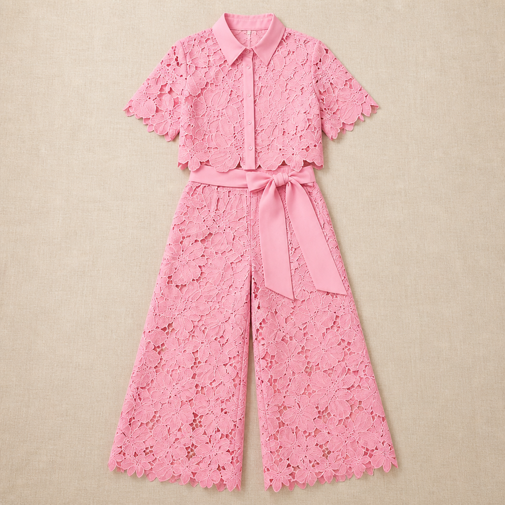 ArlenaBreeze™ – Elegant Floral Crochet Lace Set with Tie-Waist Wide-Leg Pants