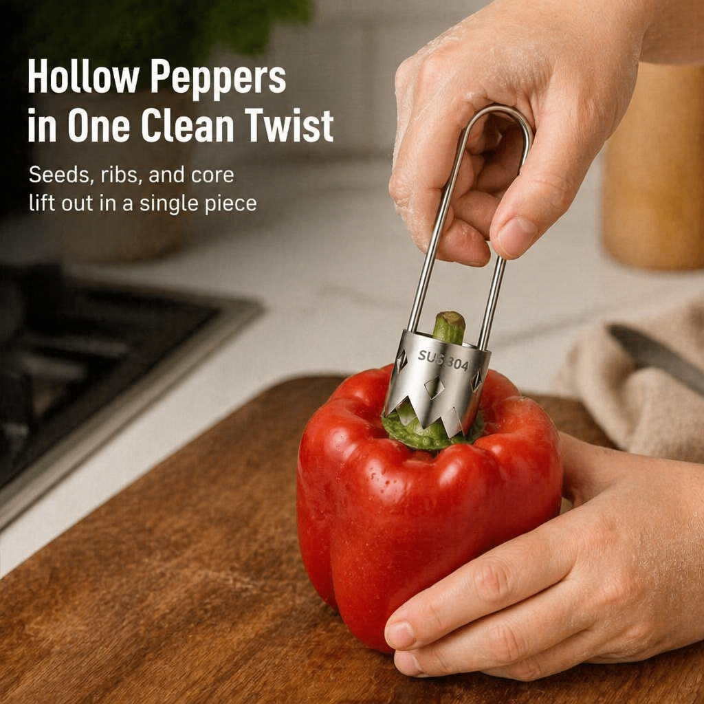 CoreEase™ — Cleanly Twist to Hollow Peppers, Apples & Pears in One Go