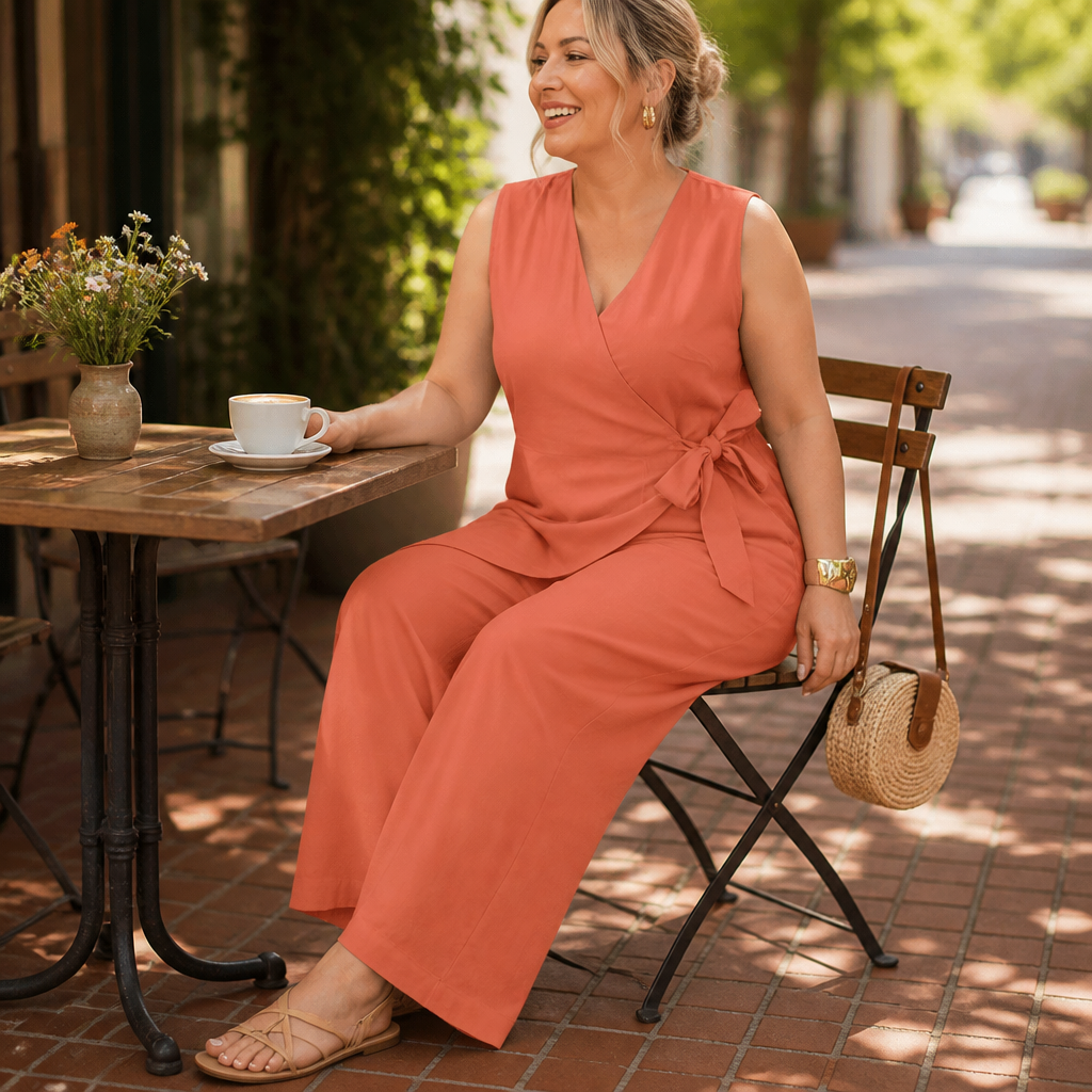 SereneSilhouette™ – Chic Sleeveless Wrap-Front Jumpsuit Featuring Side Tie