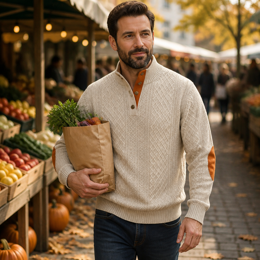 AtlasForge™ – Jacquard Textured Stand-Collar Sweater with Elbow Patches