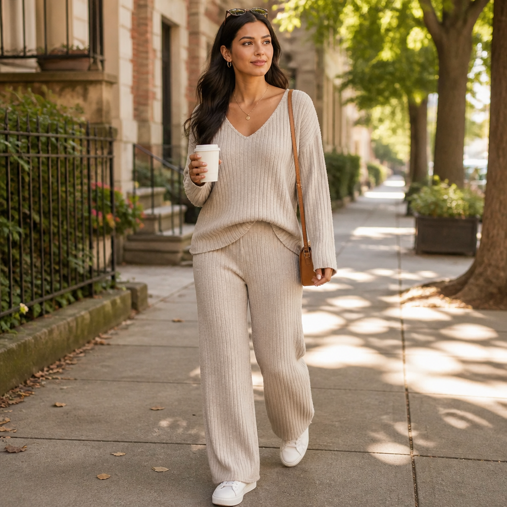 Serelis™ – Soft Ribbed V-Neck Lounge Set Featuring Wide-Leg Pants