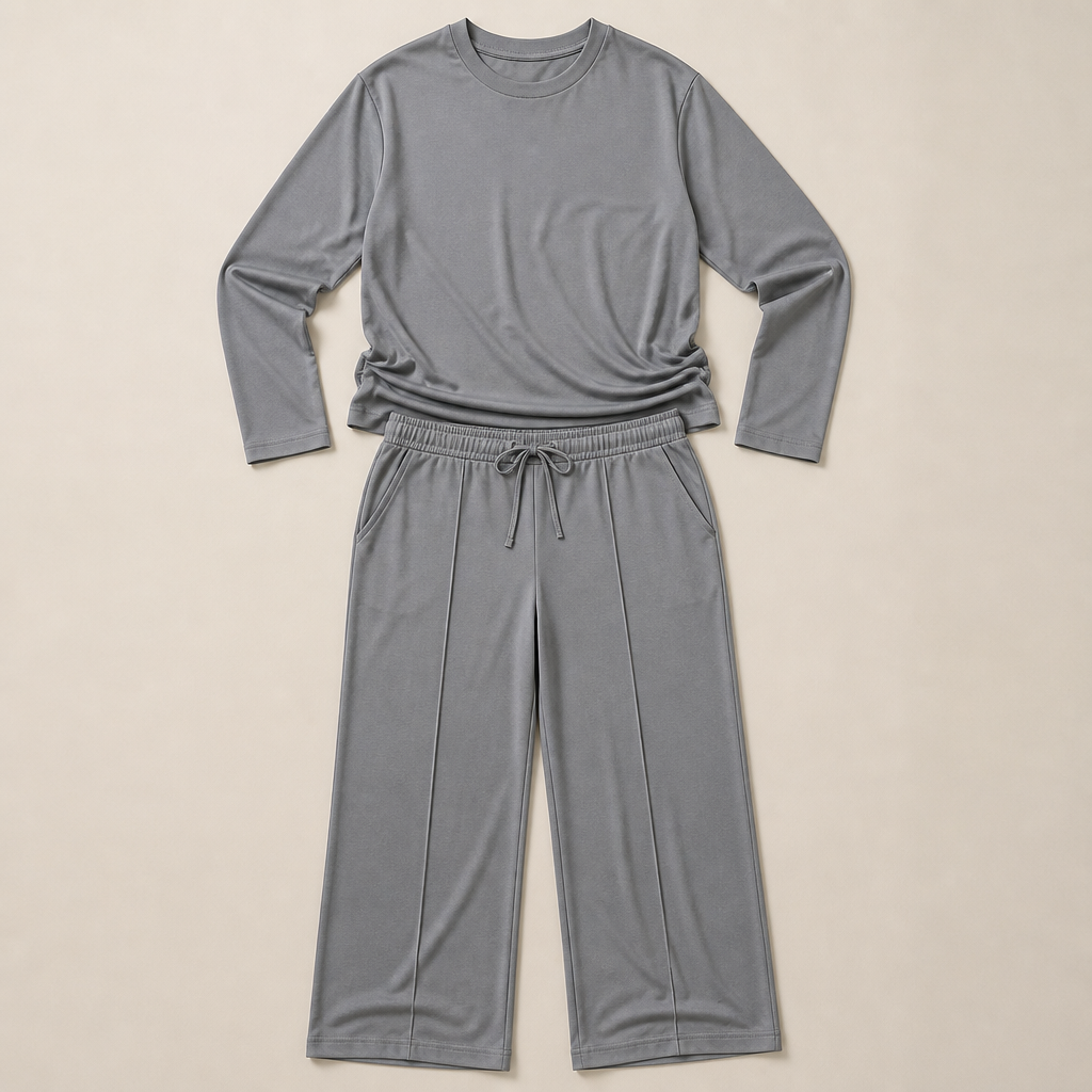 ElysianEase™ – Comforted Long Sleeve Shirt & Wide-Leg Trousers Set