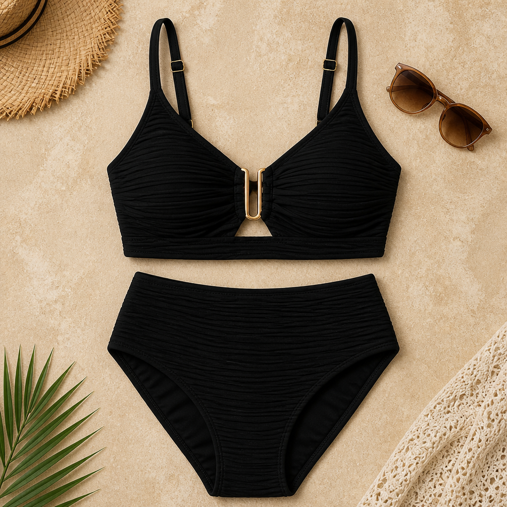 VeloraCurve™ – High-Waist Tummy-Control Bikini Set with Gold U-Wire