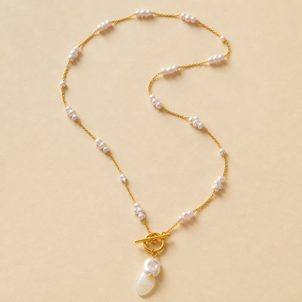 LuminaLuxe™ – Contemporary Pearl Toggle Necklace Featuring Baroque Drop