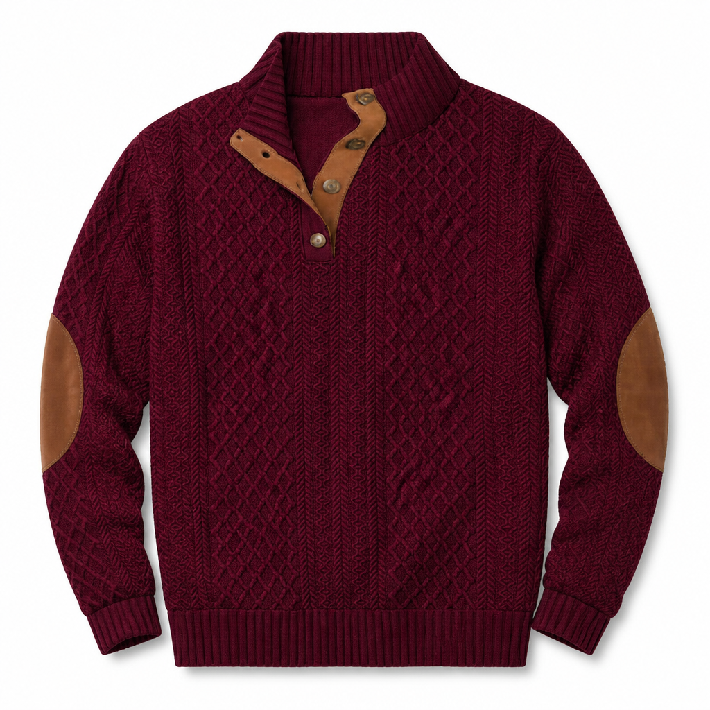 AtlasForge™ – Jacquard Textured Stand-Collar Sweater with Elbow Patches