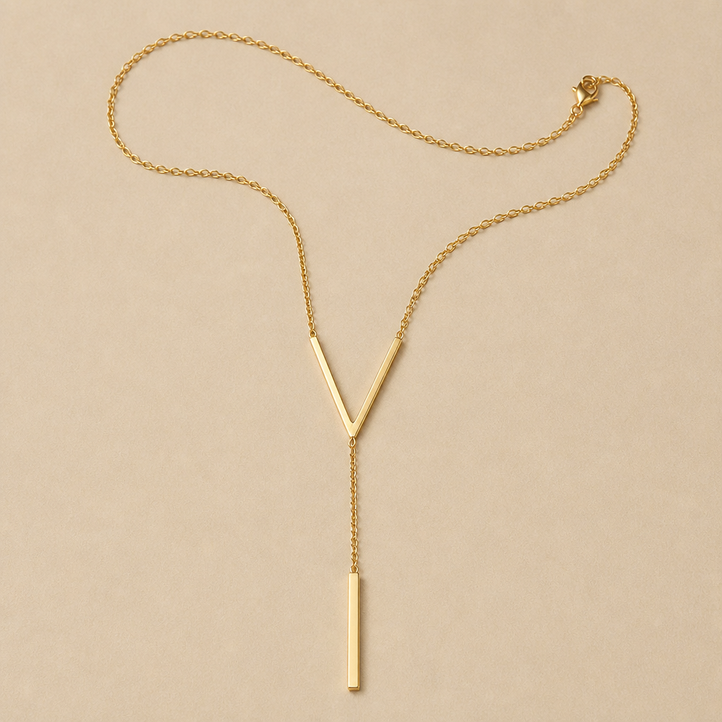 LumaRadiance™ – Sleek Gold Lariat Necklace Featuring V-Bar Pendant