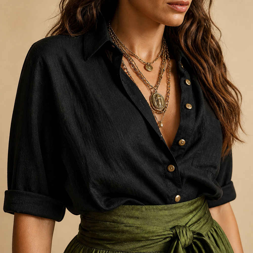 Veloura™ – Relaxed Linen Shirt & Tie-Waist Olive Midi Skirt Set