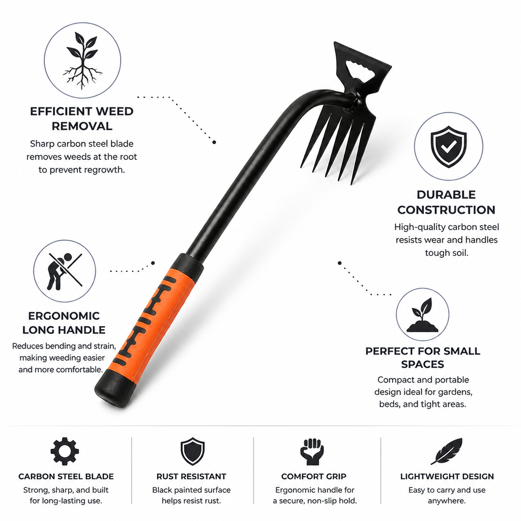Carbon Steel Long-Handled Garden Weeder (6-Tooth)