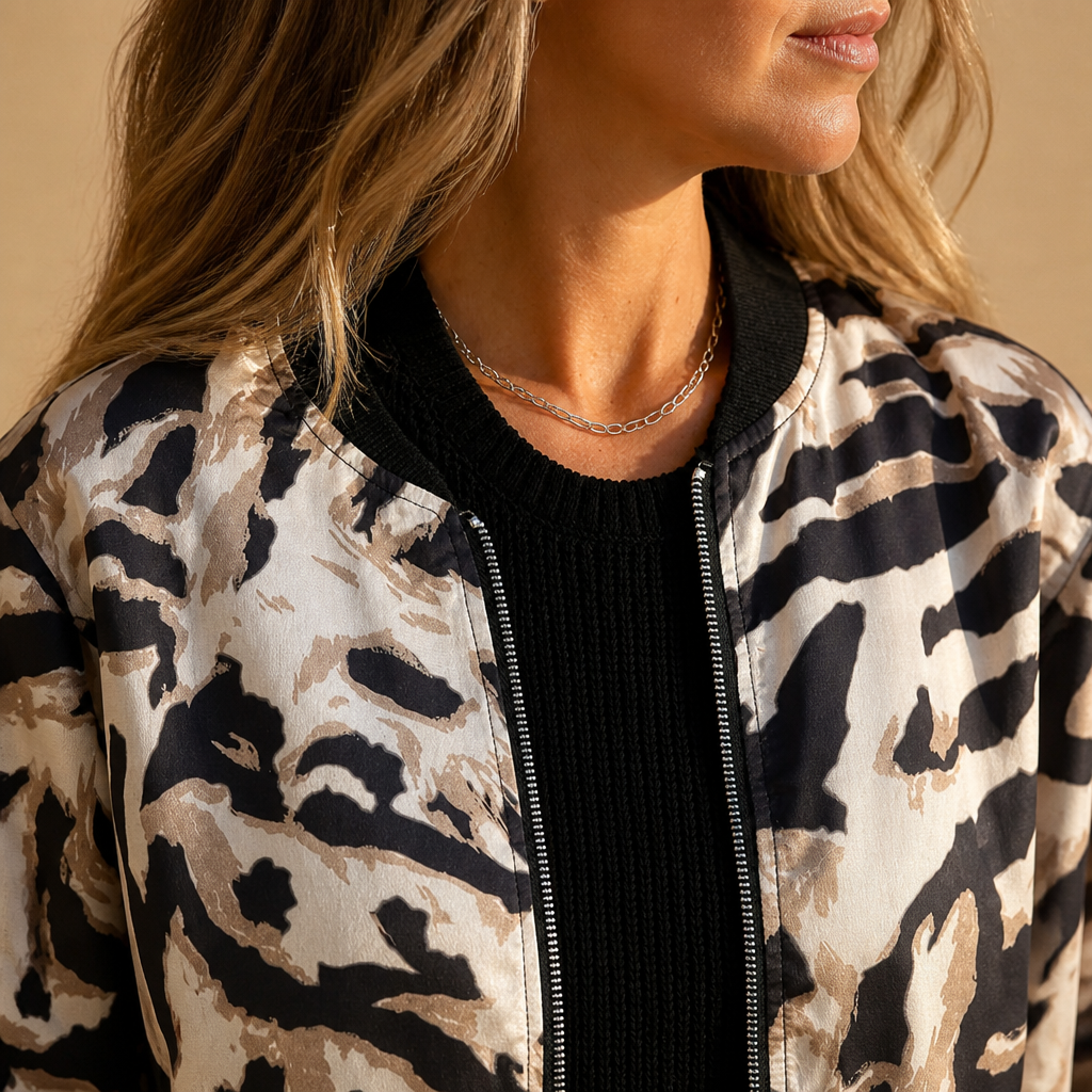 SavaraStrike™ – Bold Zebra Print Bomber Jacket with Full-Length Zip