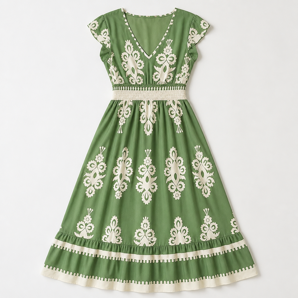 LuminaSway™ – V-Neck Maxi Dress with Vintage Baroque Print