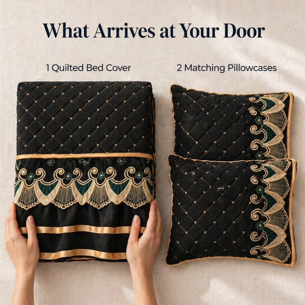 RamvoaLuxe™ — Dress Your Bed with Embroidered Lace and Gold-Ribbon Hotel-Suite Elegance