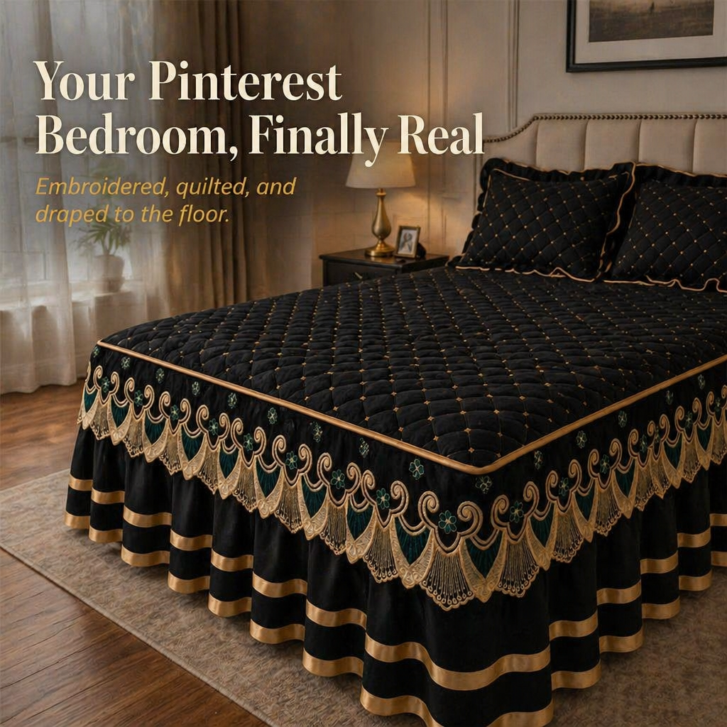 RamvoaLuxe™ — Dress Your Bed with Embroidered Lace and Gold-Ribbon Hotel-Suite Elegance