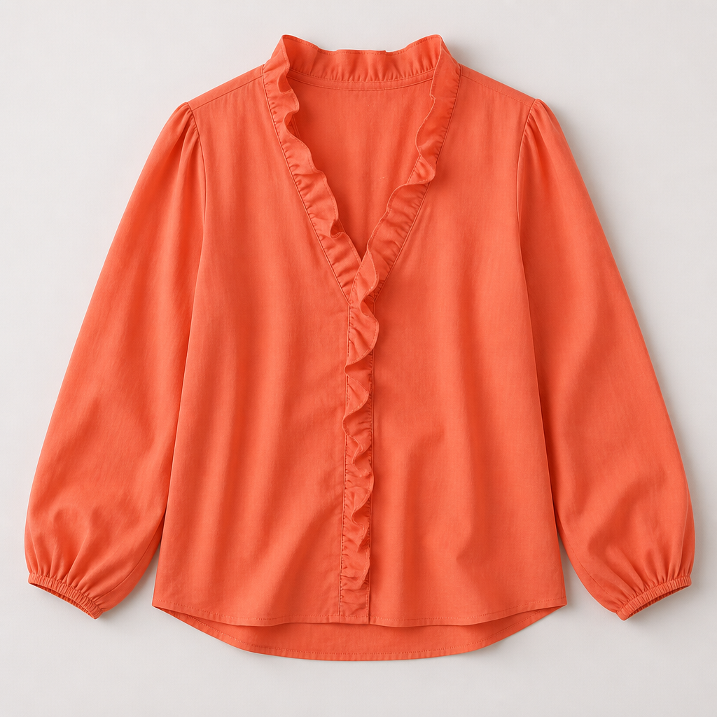 FlairMist™ – Romantic Ruffled V-Neck Top with Lantern Sleeves