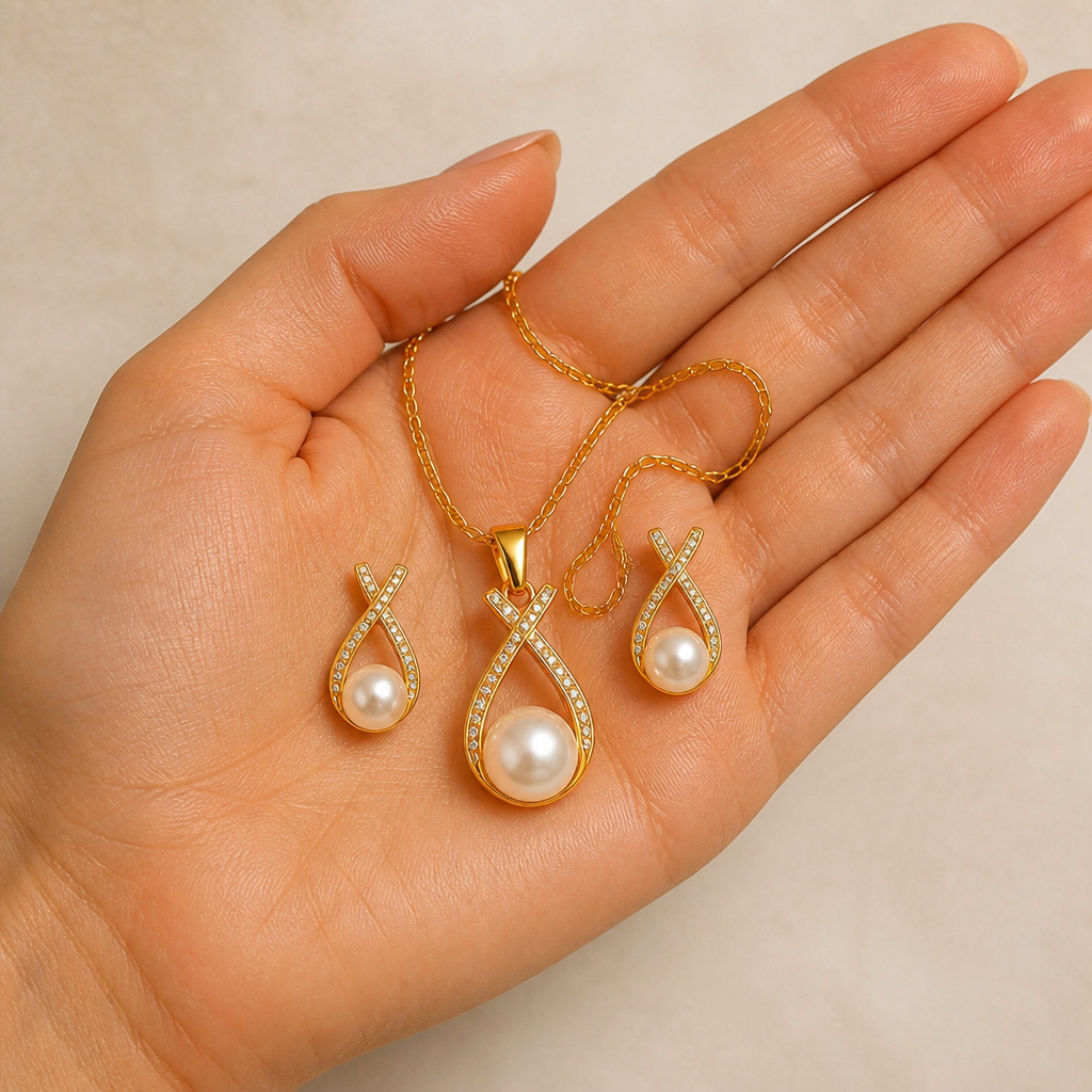 LumaRae™ – Twisted Pavé Pearl Necklace and Earring Set