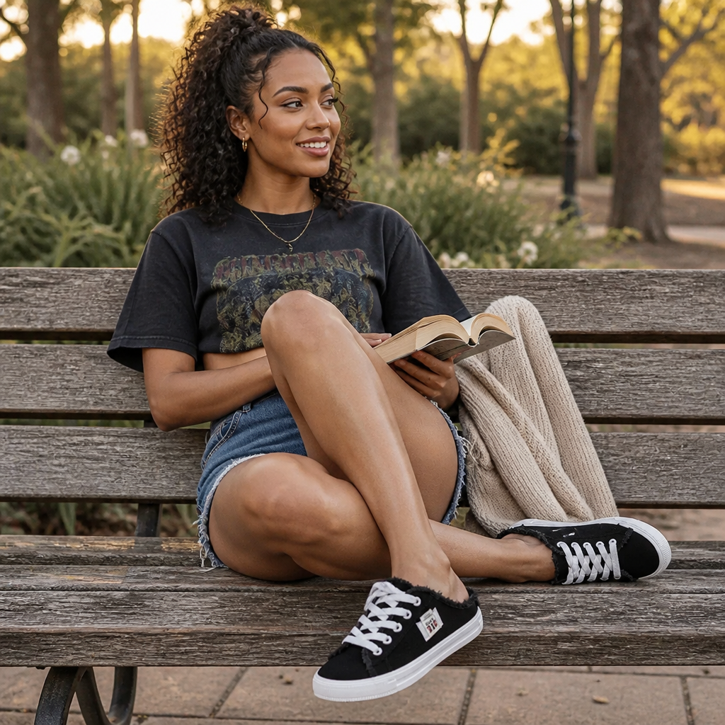StridePulse™ – Casual Denim Mule Sneakers with Frayed Edges