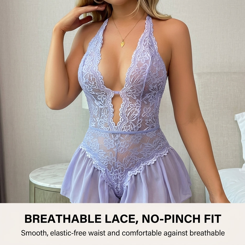 LunaCouture™ – Plunging Lace Halter Babydoll with Flared Mesh Skirt
