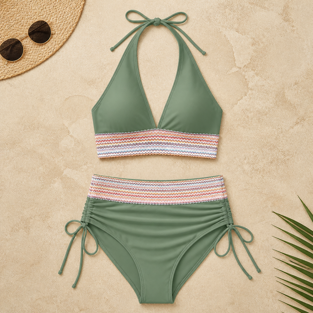 SolaraWave™ – High-Waist Tummy-Control Bikini with Chevron Smocked Band