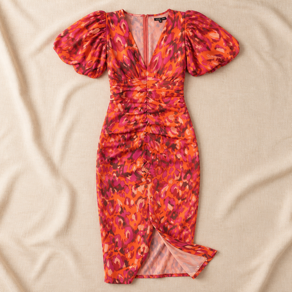 LuminaLuxe™ – Vibrant Printed Midi Dress with Puff Sleeves