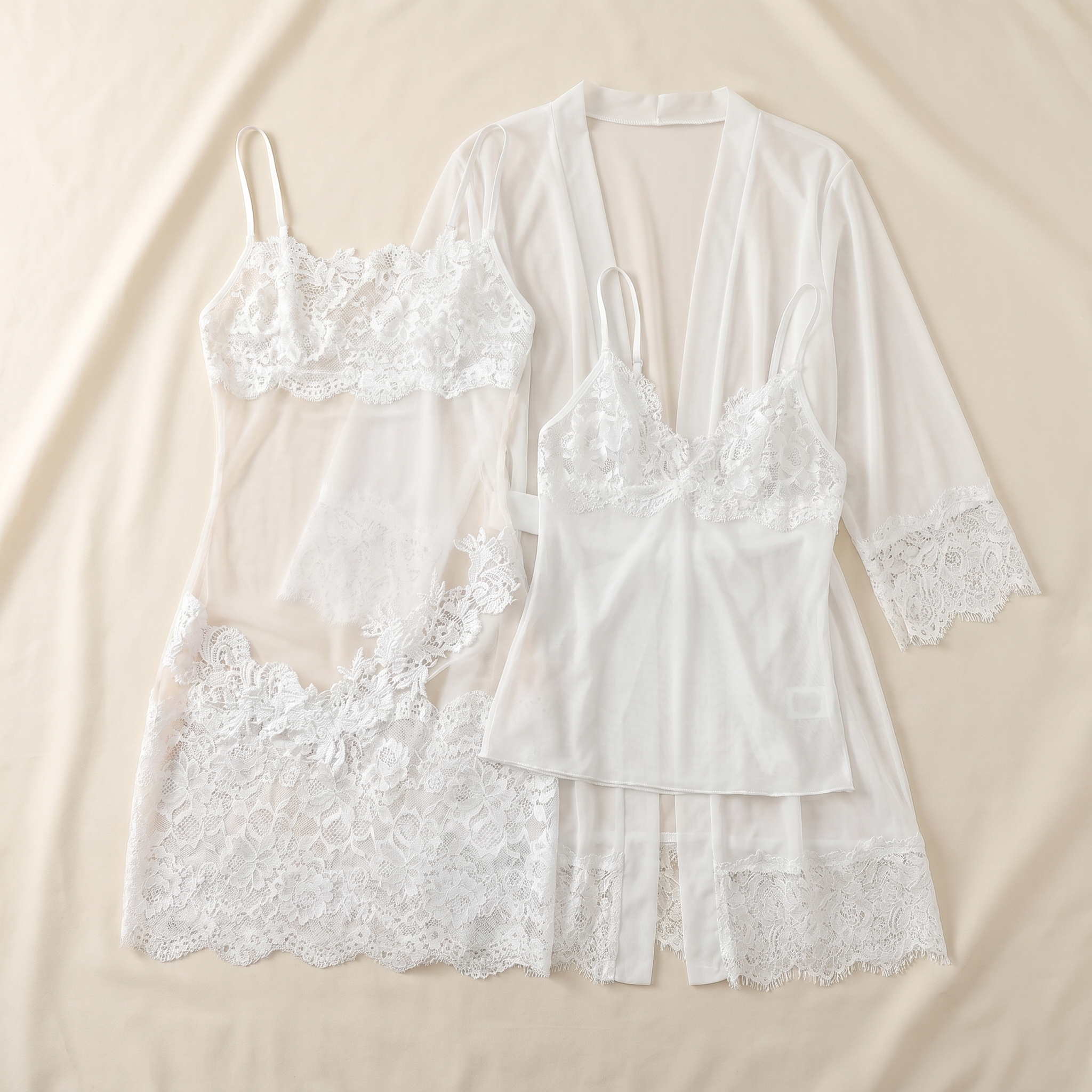Enchantress™ – Transparent Floral Lace 3-Piece Lingerie Ensemble with Mesh Robe