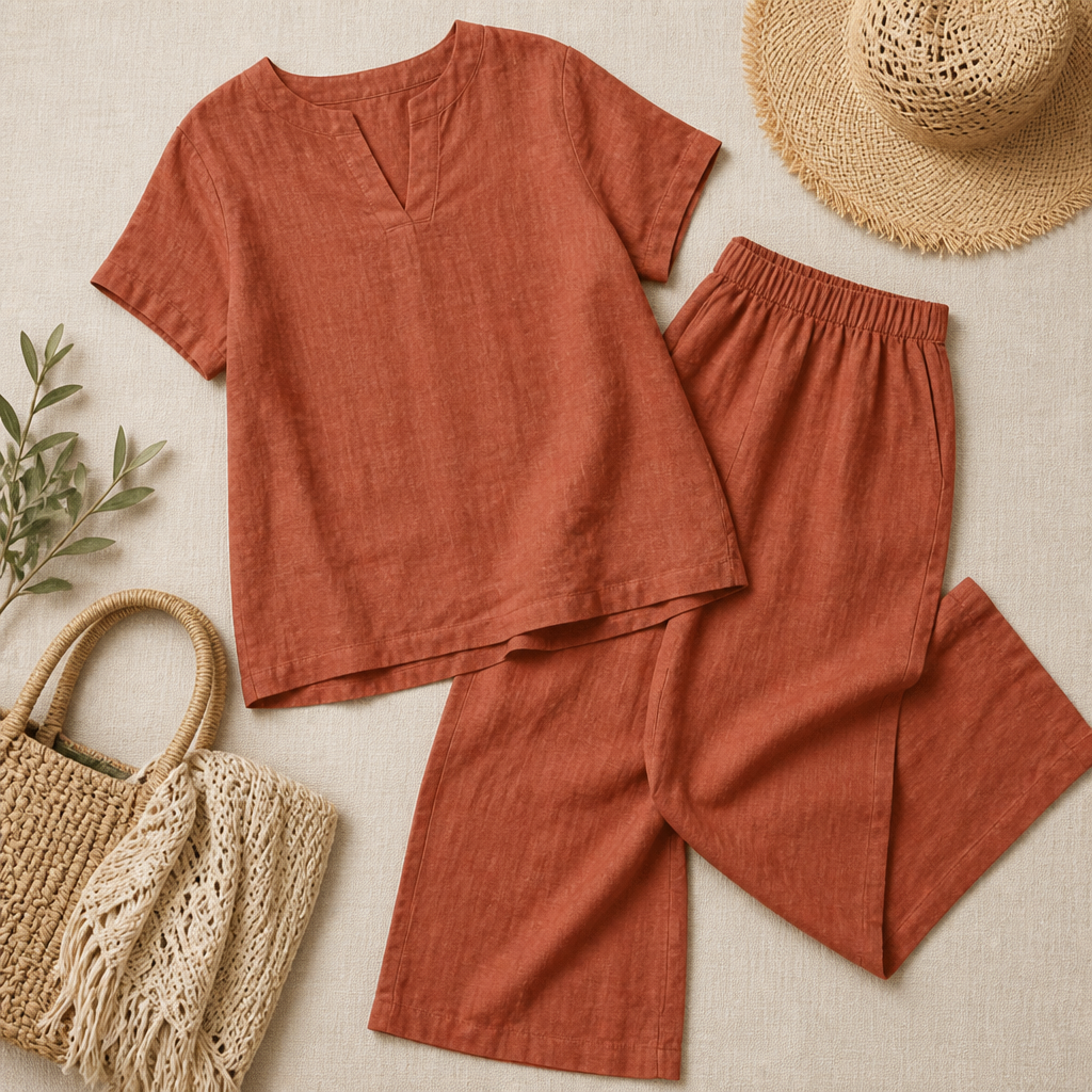 LumoraEase™ – Comfy Cotton-Linen V-Neck Two-Piece Ensemble