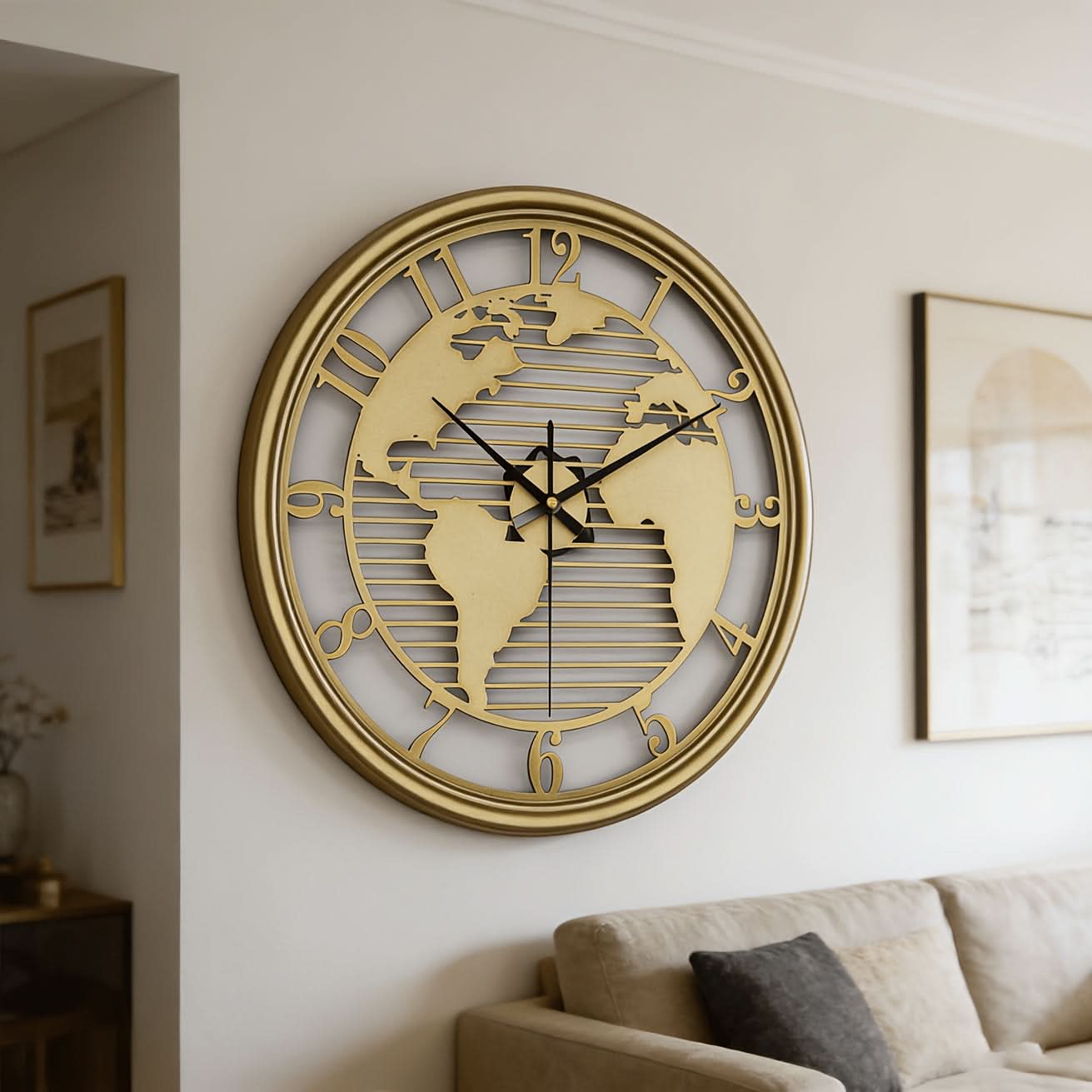 Silent Metal Wall Clock Featuring World Map Design