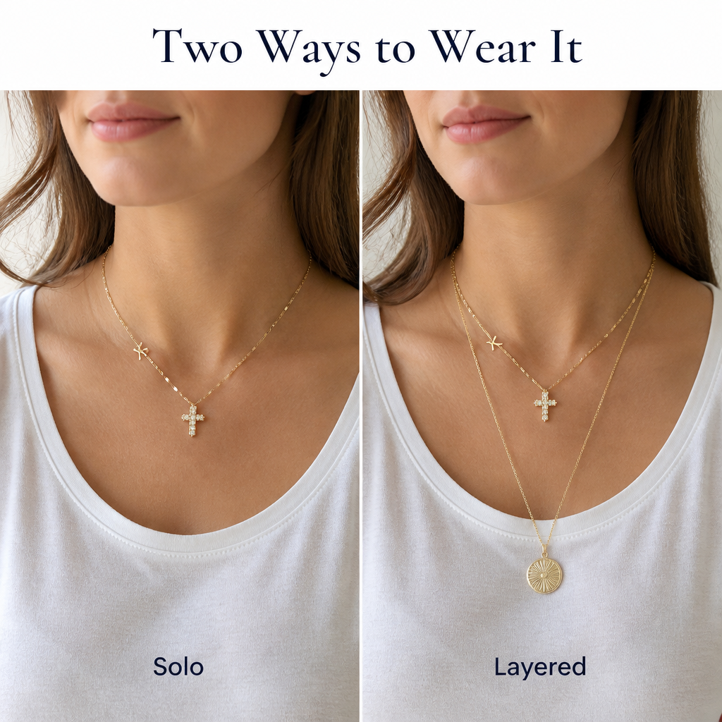 GlowAura™ — Stack Your Initial and Cross on a Radiant Gold Petal Chain