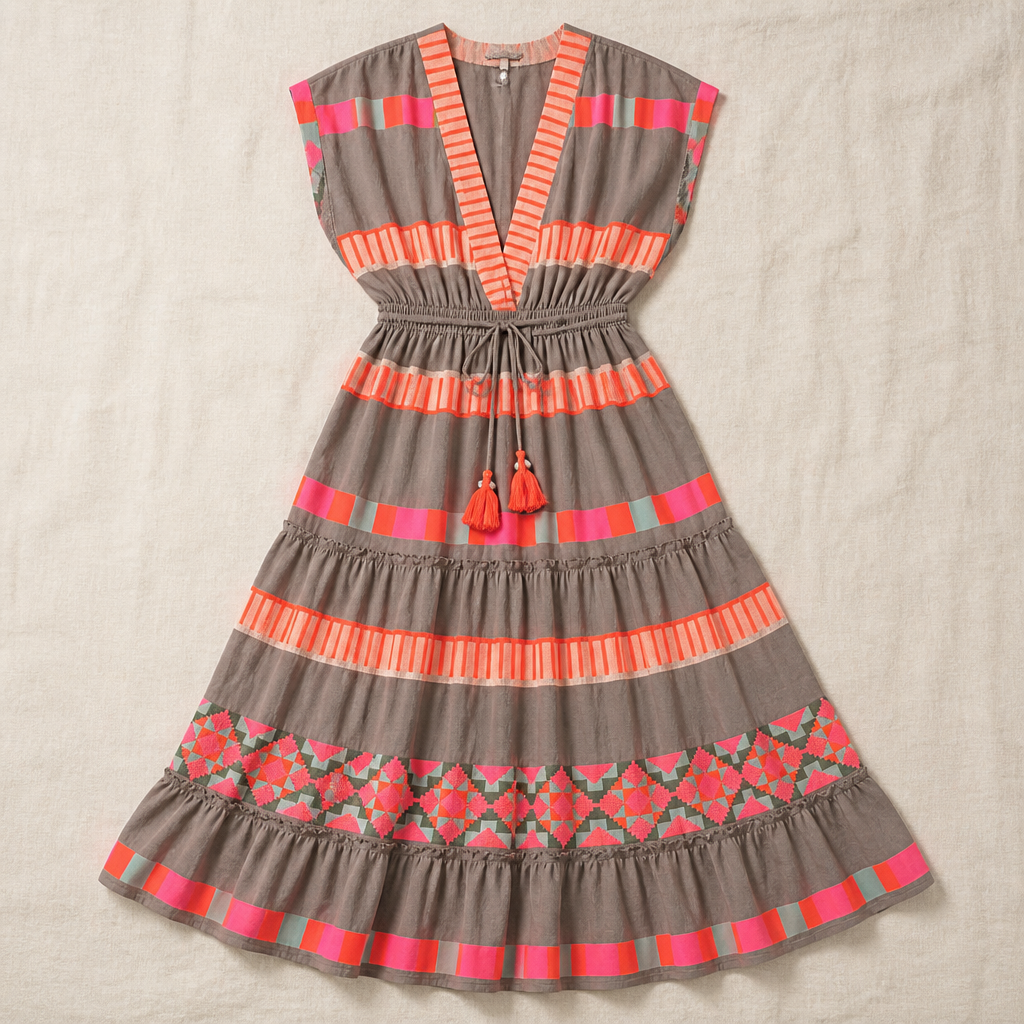 Solana™ – Bohemian V-Neck Tiered Maxi Dress with Tassel Tie in Print