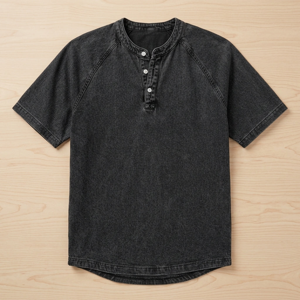 VesperLoom™ – Vintage Mineral-Wash Raglan Henley Tee