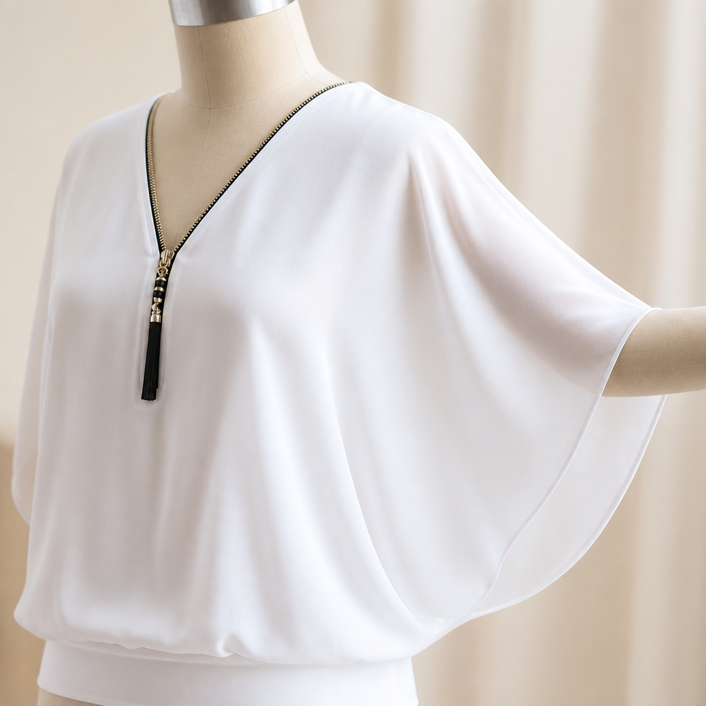 LuminaFlex™ – Airy Chiffon V-Neck Top with Zip Accent