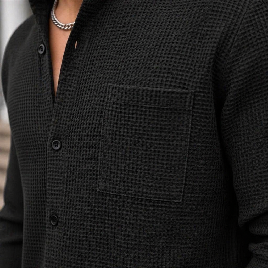 AnyWear™ – Casual Waffle-Knit Shirt & Pants Set Featuring Mandarin Collar