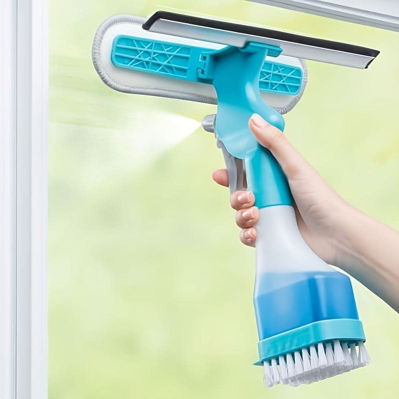 4-in-1 Glass Cleaner Brush with Spray, Scraper, and Scrubbing Tool
