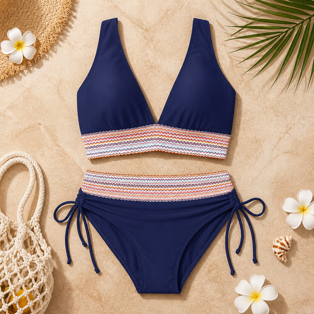 SolaraWave™ – High-Waist Tummy-Control Bikini with Chevron Smocked Band