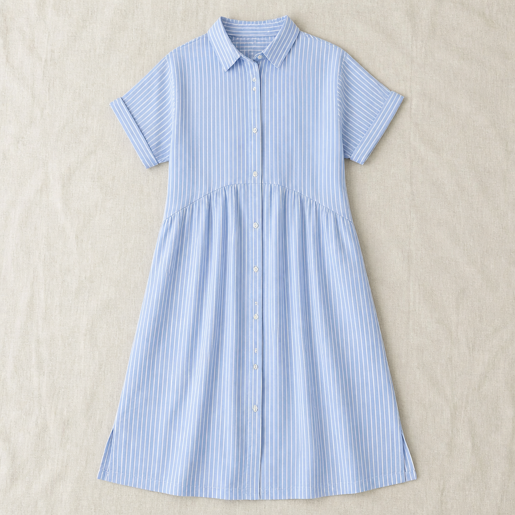 LunaVerve™ – Airy Striped Button-Down Midi Shirt Dress