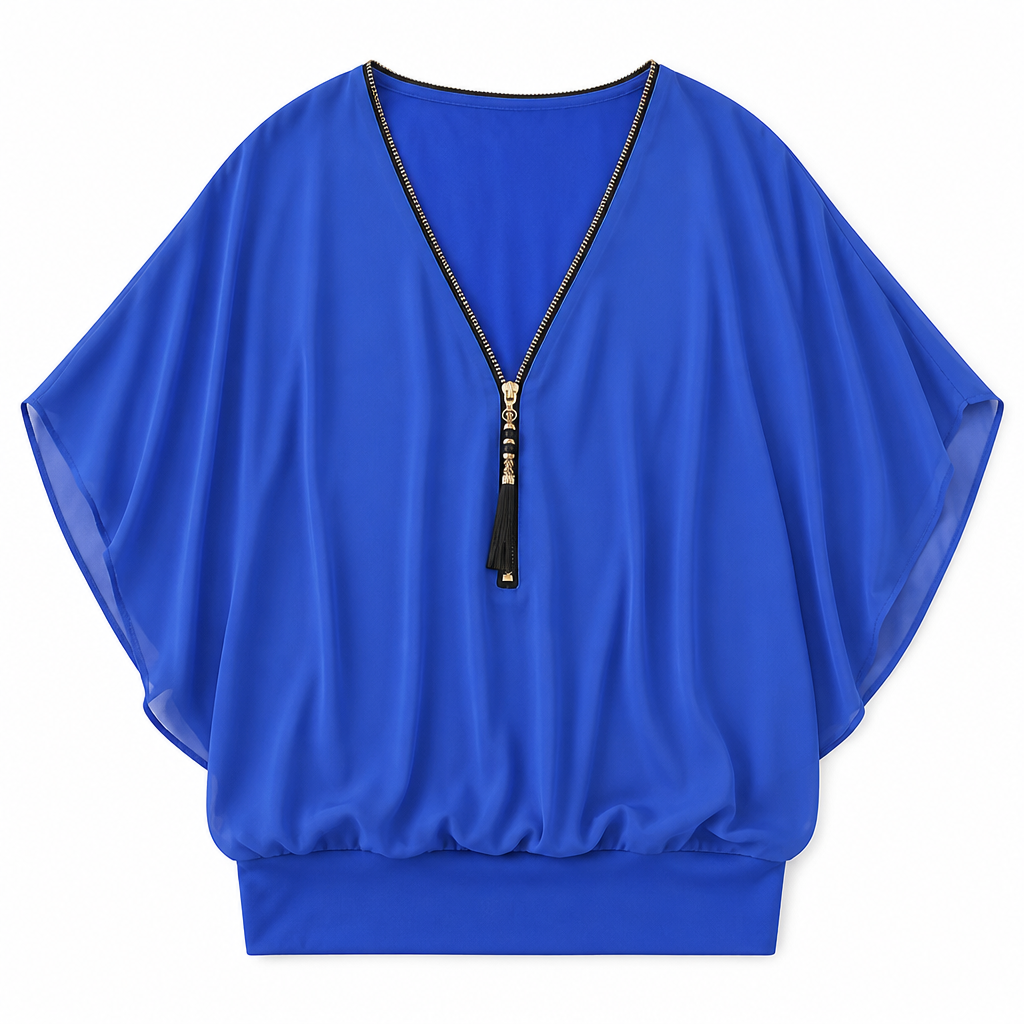 LuminaFlex™ – Airy Chiffon V-Neck Top with Zip Accent