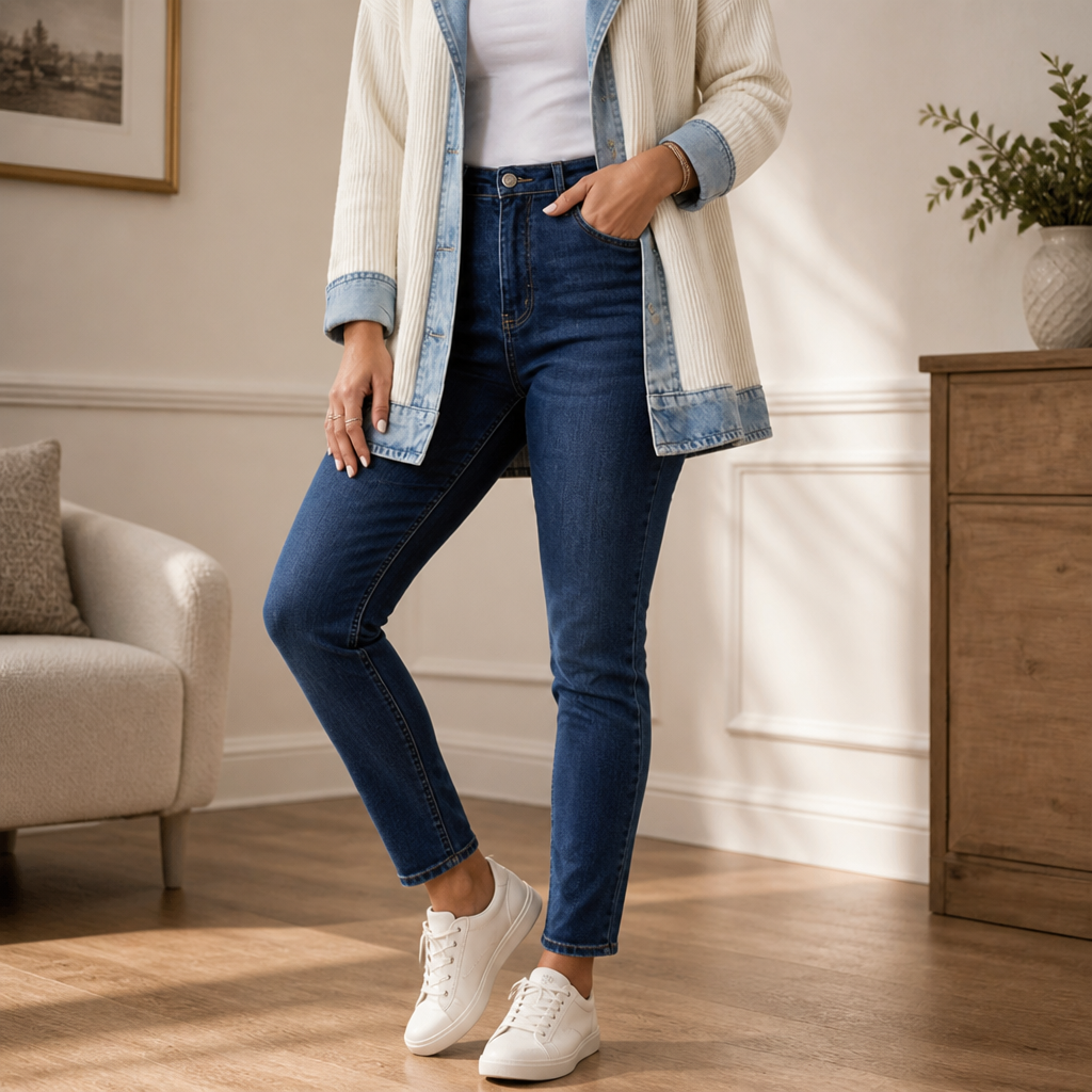 SolaceRidge™ – Soft Ribbed Knit Jacket with Contrast Denim Trim