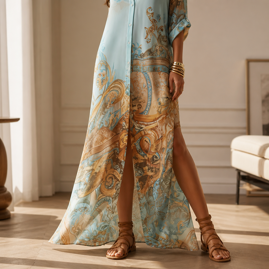 MarabellaMist™ – Flowy Mediterranean-Print Maxi Shirt Dress