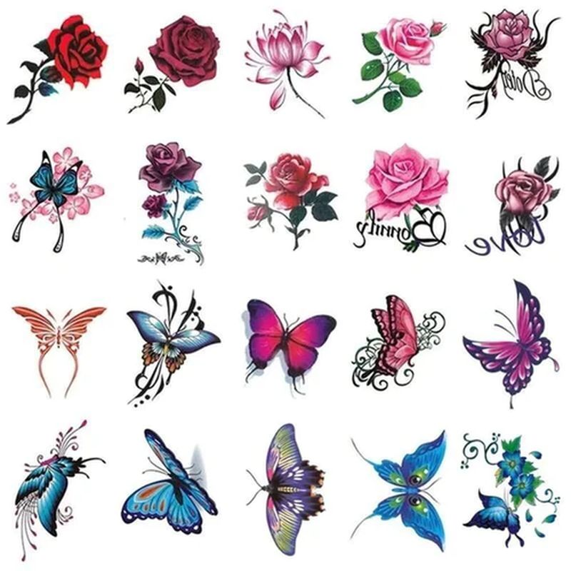 Flower and Butterfly Design 3D Temporary Tattoo Stickers