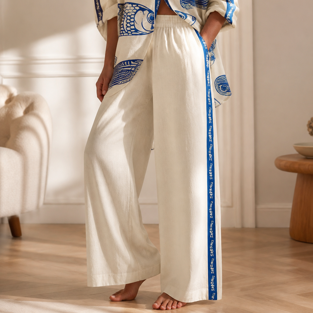 Miralina™ – Relaxed Linen Fish-Print Set with Wide-Leg Pants