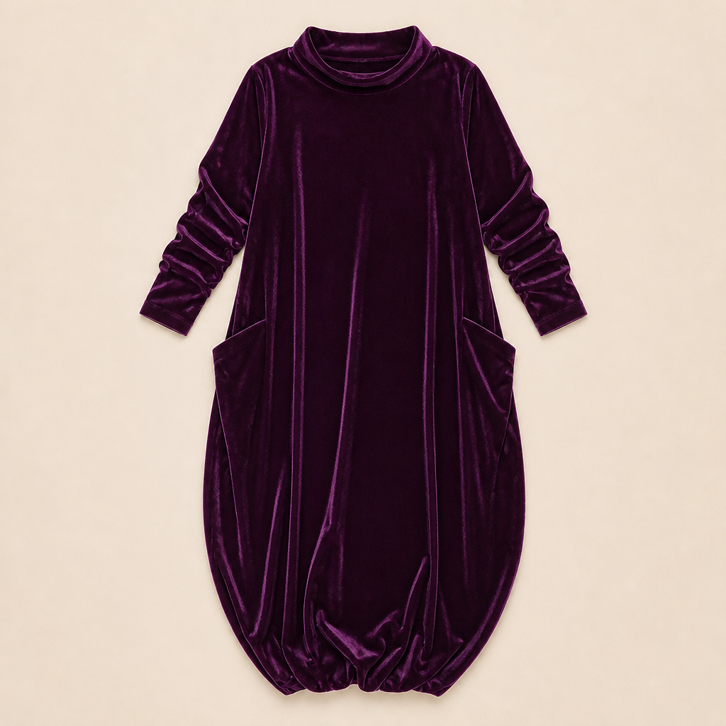 VioraForm™ – Velvet Cocoon Maxi Dress with Mock-Neck and Side Pockets